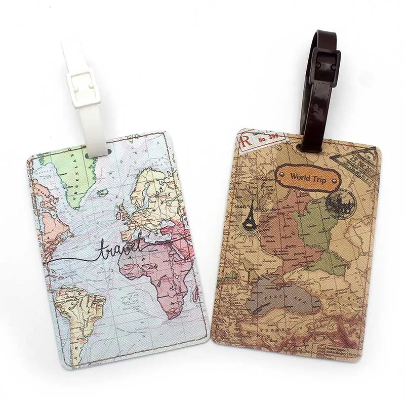 Étiquette de Bagage en PU avec Carte du Monde - Accessoire de Voyage de Haute Qualité, Porte-ID et Adresse, Étiquette Portable pour Valises - La Maison Cozy