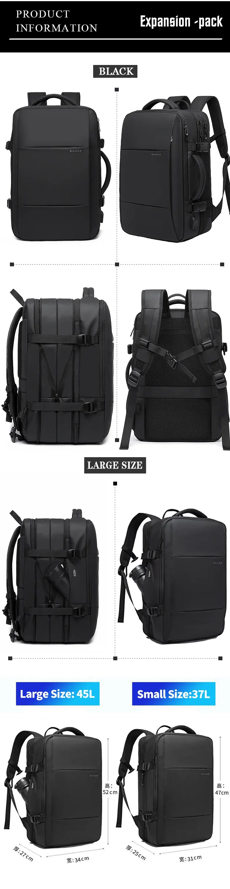 Sac à dos de voyage BANGE pour homme - Sac professionnel et scolaire, extensible, avec port USB, grande capacité, sac pour ordinateur portable 17,3 pouces, étanche et à la mode - La Maison Cozy