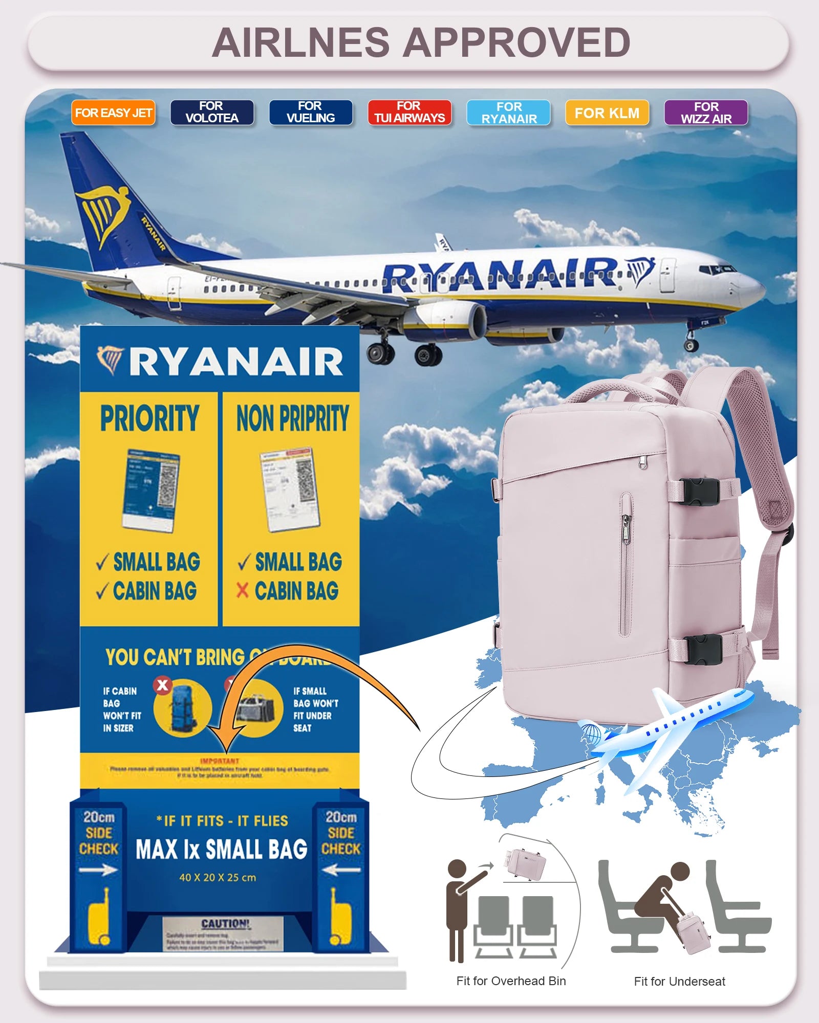 Sac à dos de voyage pour femme - Sac cabine compatible Ryanair 40x20x25 cm, sac de voyage avion pour hommes et femmes, compatible Wizzair, avec compartiment pour ordinateur portable - La Maison Cozy