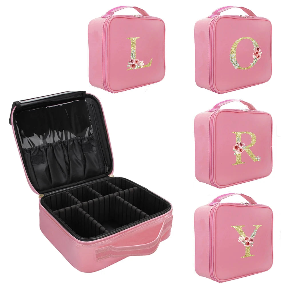 Trousse de Maquillage Professionnelle avec Imprimé Lettre Dorée et Étui Rose - Organisateur de Maquillage Portable avec Diviseur Ajustable - La Maison Cozy