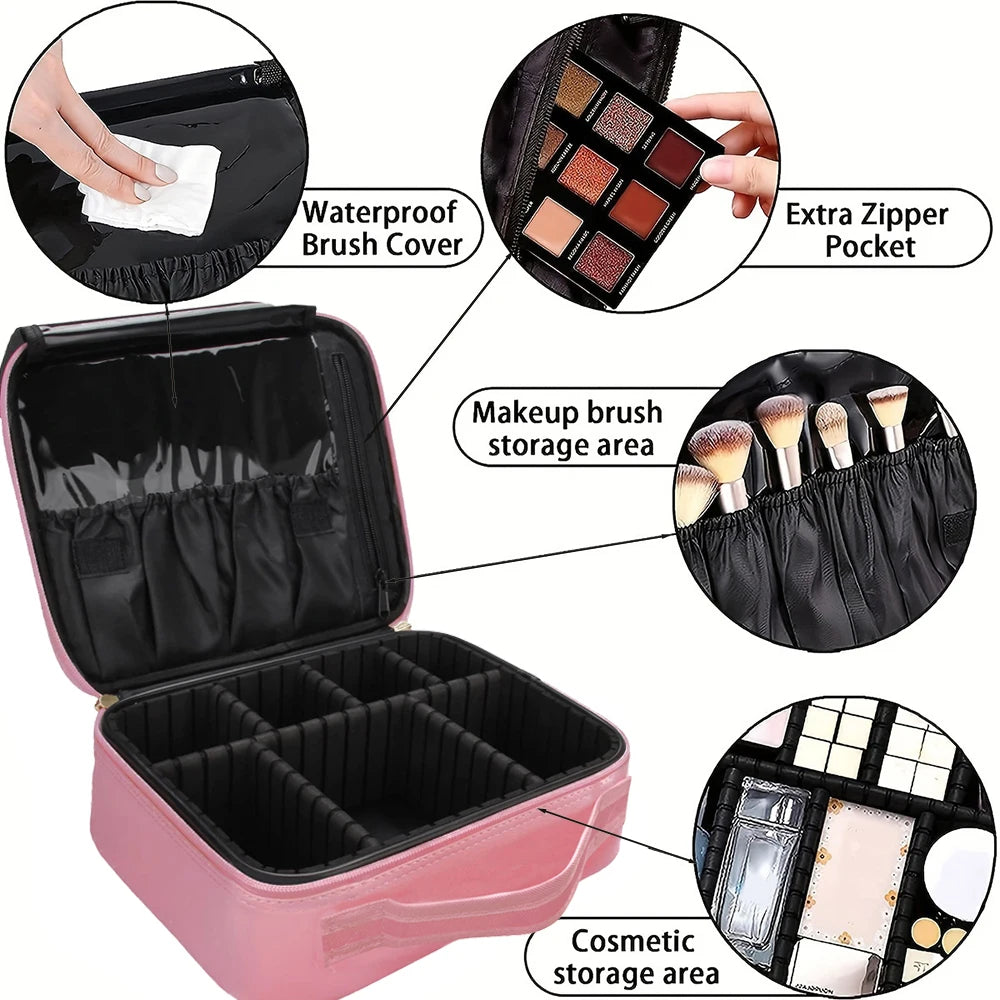 Trousse de Maquillage Professionnelle avec Imprimé Lettre Dorée et Étui Rose - Organisateur de Maquillage Portable avec Diviseur Ajustable - La Maison Cozy