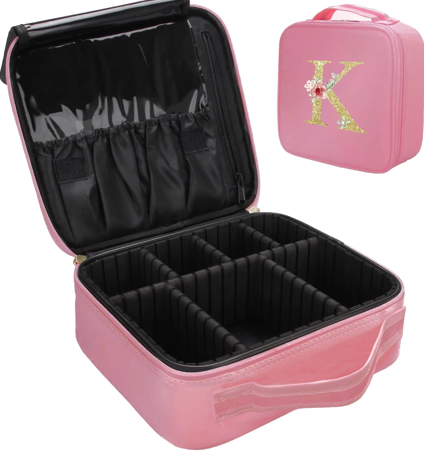 Trousse de Maquillage Professionnelle avec Imprimé Lettre Dorée et Étui Rose - Organisateur de Maquillage Portable avec Diviseur Ajustable - La Maison Cozy