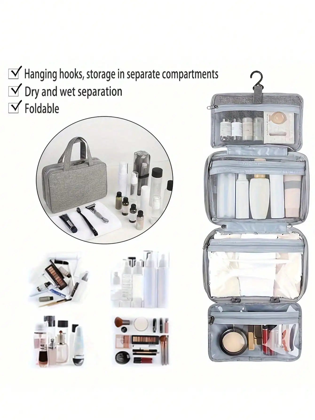 Trousse de Toilette Multifonction Pliable - Séparation Sec/Mouillé, Rangement Cosmétique pour Femmes et Filles en Voyage - La Maison Cozy