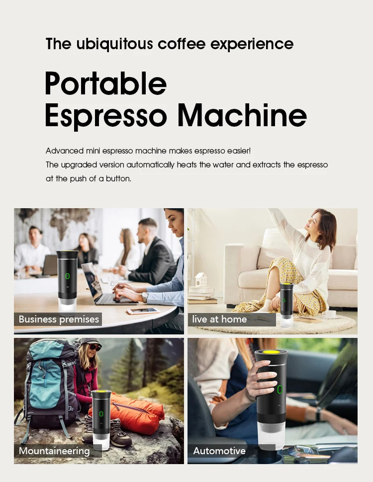 Portable Cordless Espresso Machine – 3-in-1 Travel Coffee Maker for Car, Home and Camping, Compatible with Capsules and Ground Coffee