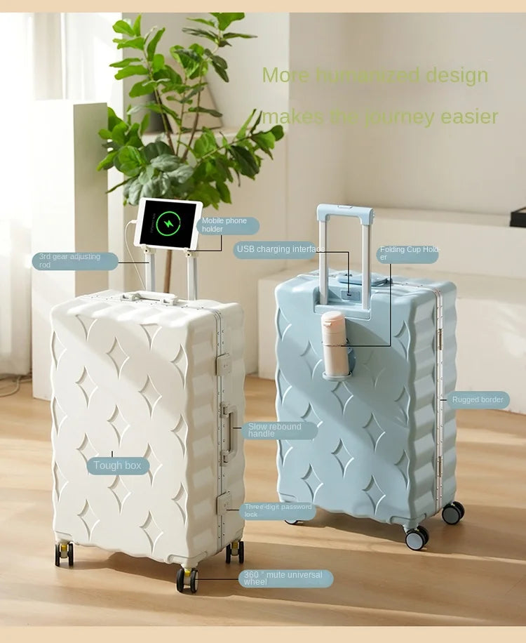 Nouvelle Valise de Voyage Design - Cadre en Aluminium, Grande Capacité, Valise à Glissière 28 Pouces avec Porte-Gobelet - Valise Cabine Trolley - La Maison Cozy